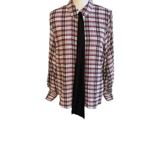 CeCe Womans Neck Tie Plaid Checkered Button Up Shirt